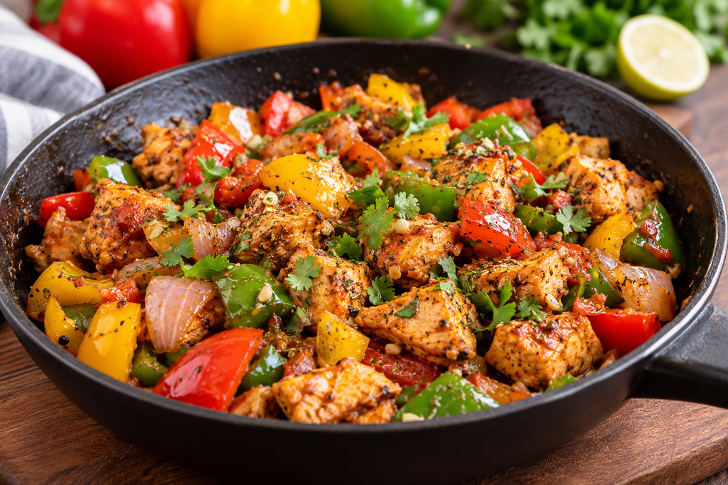 Colourful chicken stir-fry with red, green and yellow capsicums